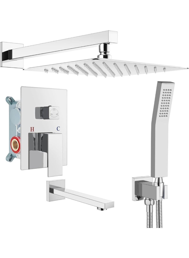 مجموعة نظام الاستحمام مع فوهة الحوض، مجموعة صنبور الاستحمام المثبت على الحائط بثلاث وظائف، رأس استحمام ممطر وموزع يدوي، مجموعة صمام تركيب أولي، مجموعة تجهيزات الاستحمام 10 بوصات بالكروم المصقول - Image 1